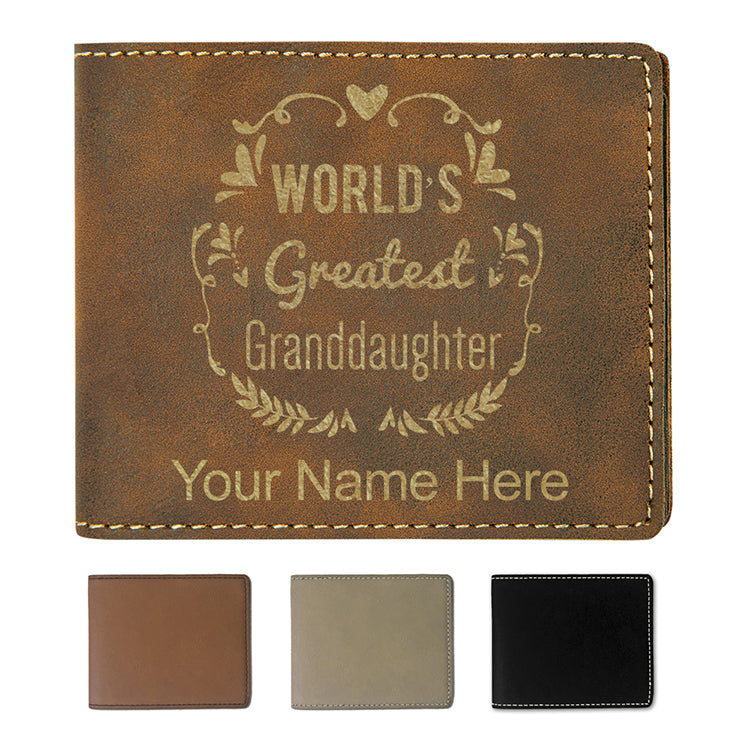 Faux Leather Bi-Fold Wallet, World's Greatest Granddaughter, Personalized Engraving Included