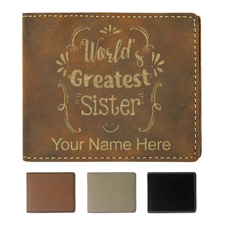 Faux Leather Bi-Fold Wallet, World's Greatest Sister, Personalized Engraving Included