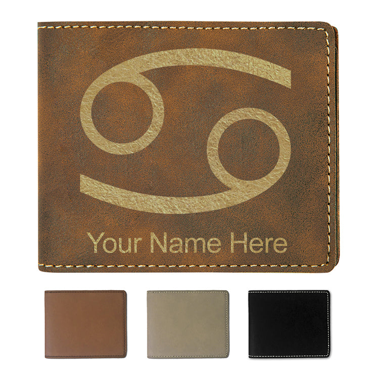 Faux Leather Bi-Fold Wallet, Zodiac Sign Cancer, Personalized Engraving Included
