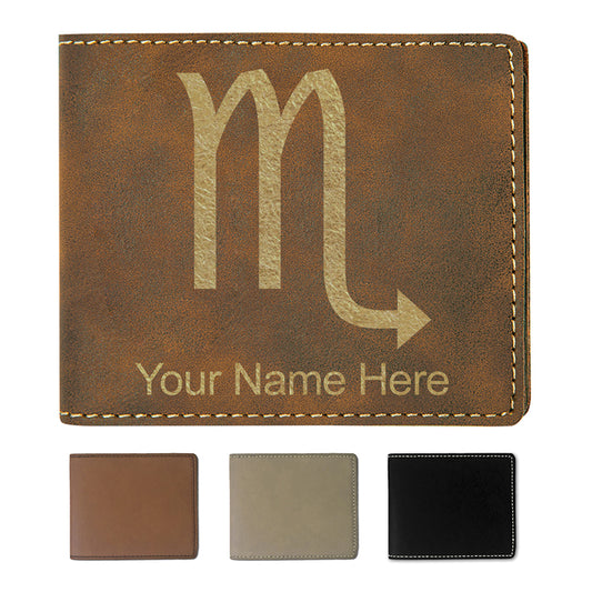 Faux Leather Bi-Fold Wallet, Zodiac Sign Scorpio, Personalized Engraving Included