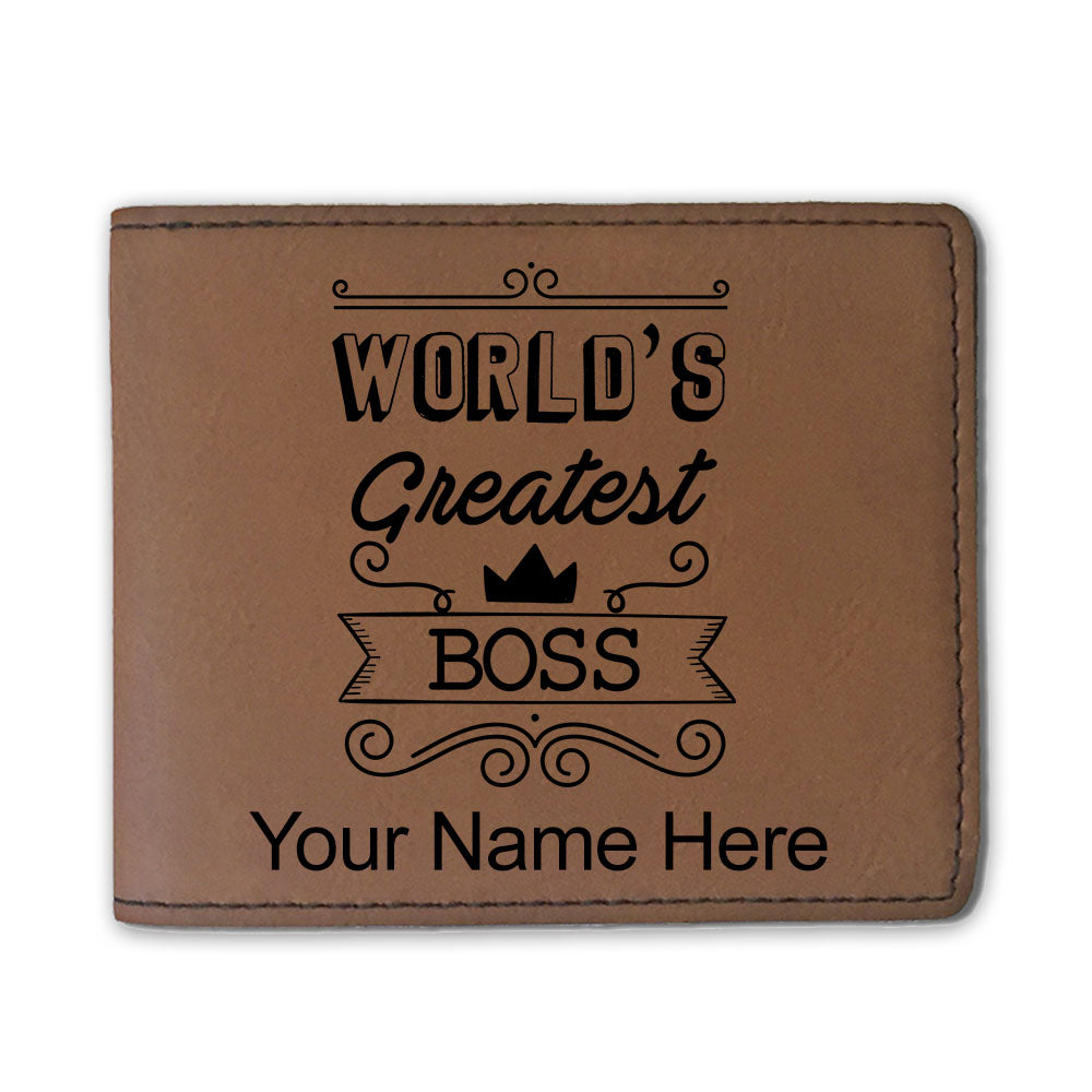 Faux Leather Bi-Fold Wallet, World's Greatest Boss, Personalized Engraving Included