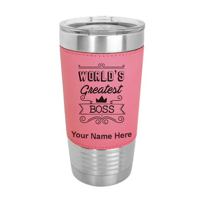 20oz Faux Leather Tumbler Mug, World's Greatest Boss, Personalized Engraving Included
