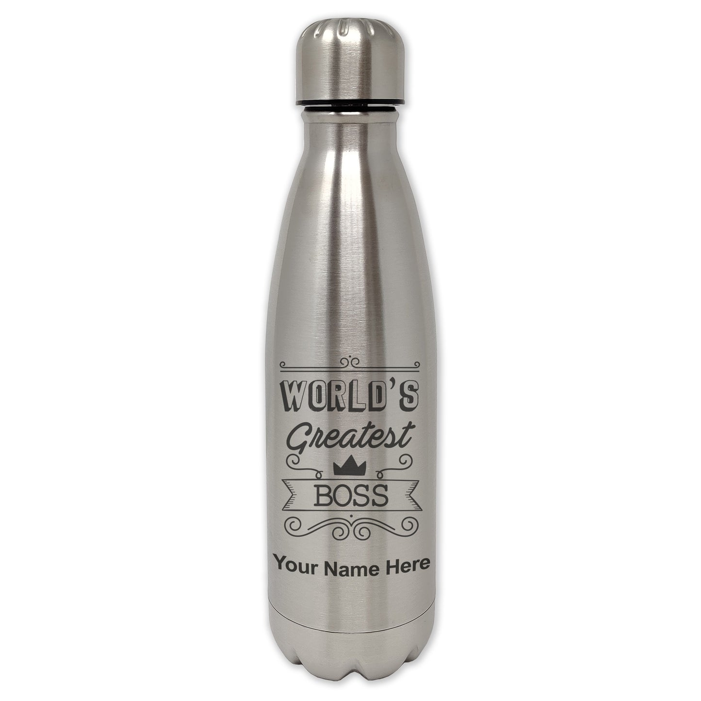 LaserGram Single Wall Water Bottle, World's Greatest Boss, Personalized Engraving Included