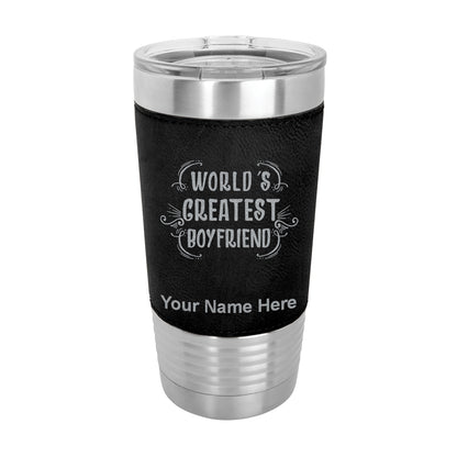 20oz Faux Leather Tumbler Mug, World's Greatest Boyfriend, Personalized Engraving Included