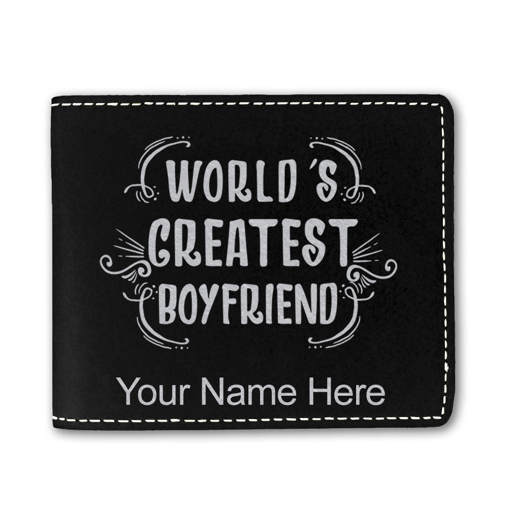 Faux Leather Bi-Fold Wallet, World's Greatest Boyfriend, Personalized Engraving Included