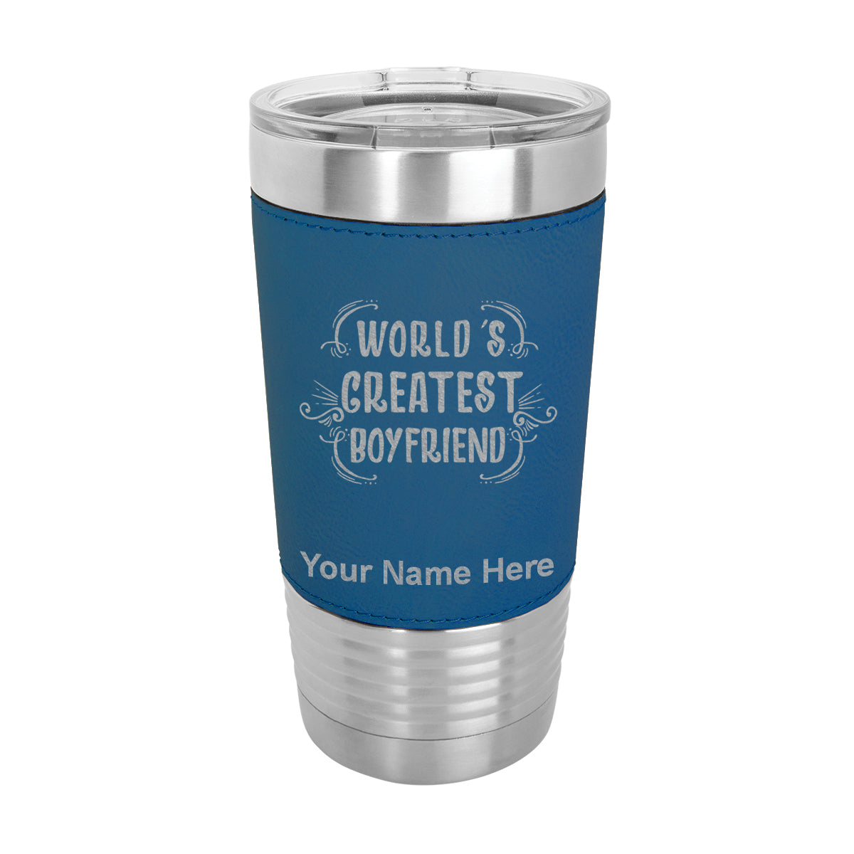 20oz Faux Leather Tumbler Mug, World's Greatest Boyfriend, Personalized Engraving Included