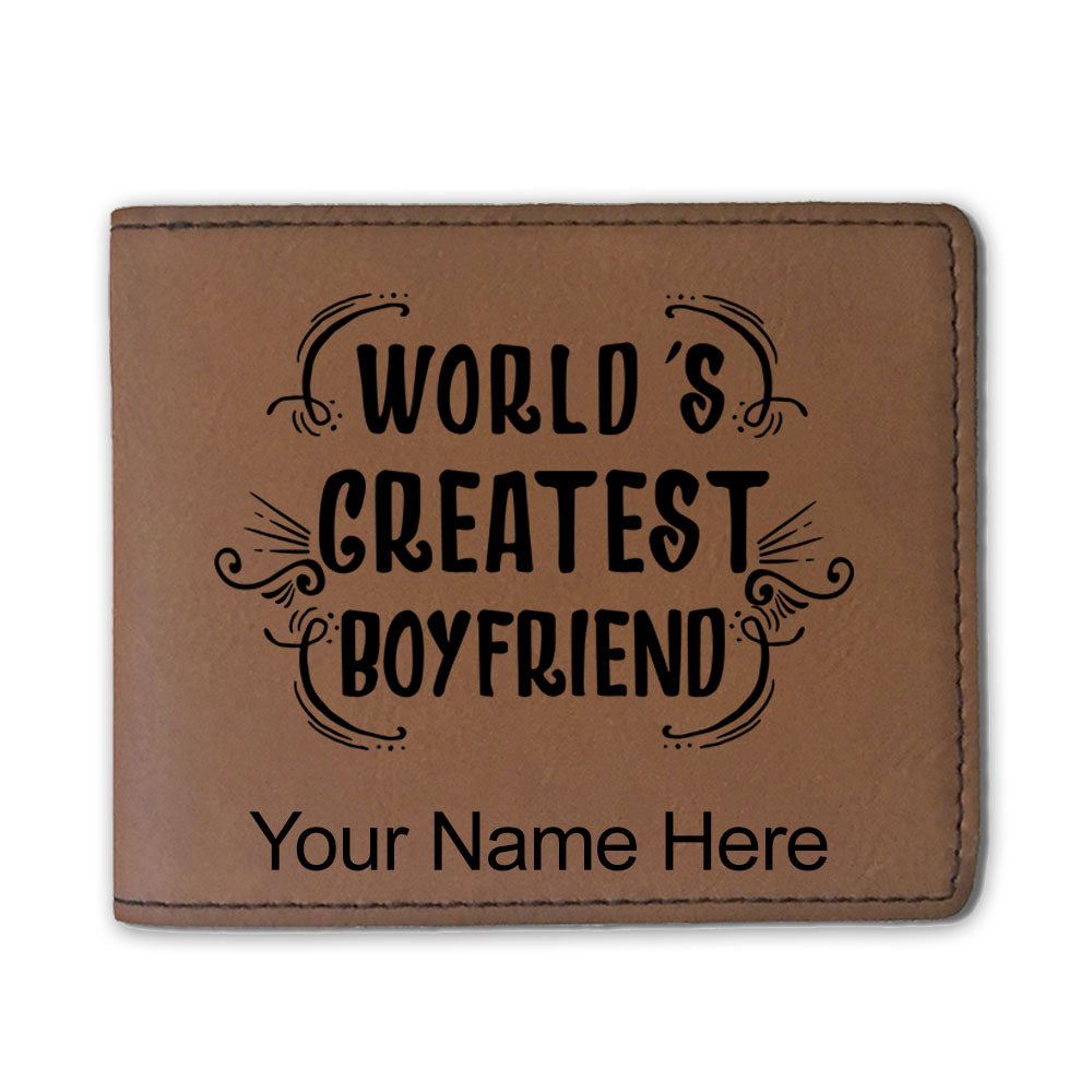 Faux Leather Bi-Fold Wallet, World's Greatest Boyfriend, Personalized Engraving Included