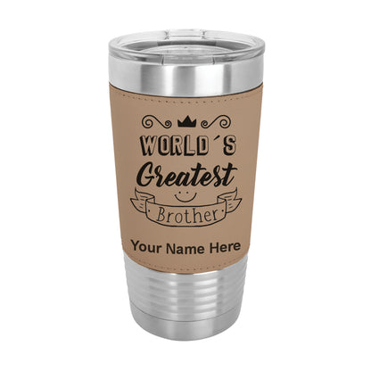 20oz Faux Leather Tumbler Mug, World's Greatest Brother, Personalized Engraving Included