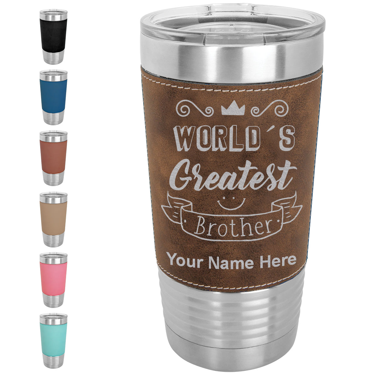 20oz Faux Leather Tumbler Mug, World's Greatest Brother, Personalized Engraving Included