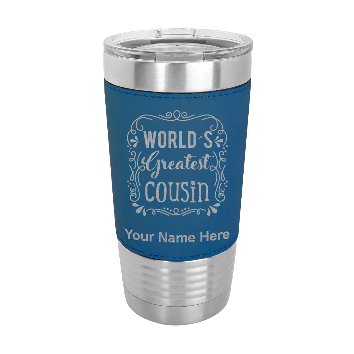 20oz Faux Leather Tumbler Mug, World's Greatest Cousin, Personalized Engraving Included