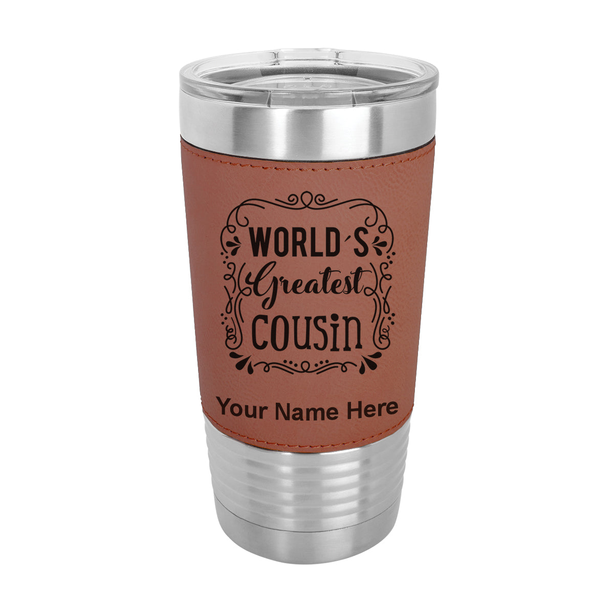 20oz Faux Leather Tumbler Mug, World's Greatest Cousin, Personalized Engraving Included