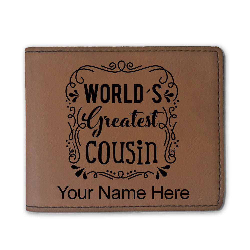 Faux Leather Bi-Fold Wallet, World's Greatest Cousin, Personalized Engraving Included