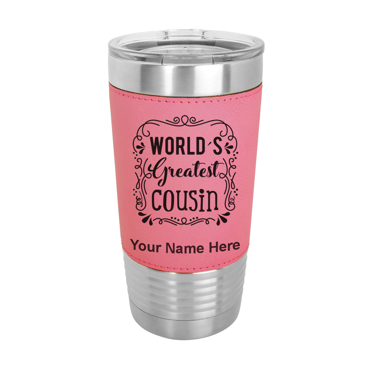 20oz Faux Leather Tumbler Mug, World's Greatest Cousin, Personalized Engraving Included