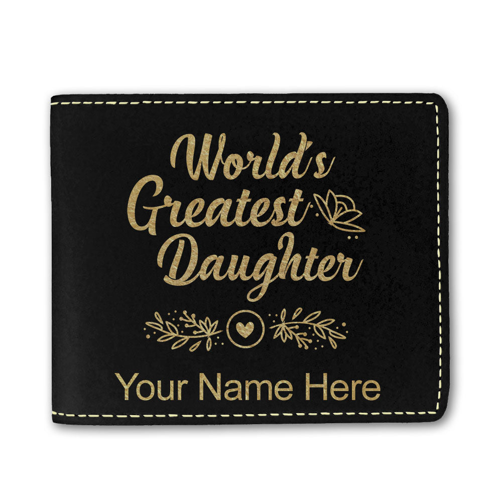 Faux Leather Bi-Fold Wallet, World's Greatest Daughter, Personalized Engraving Included