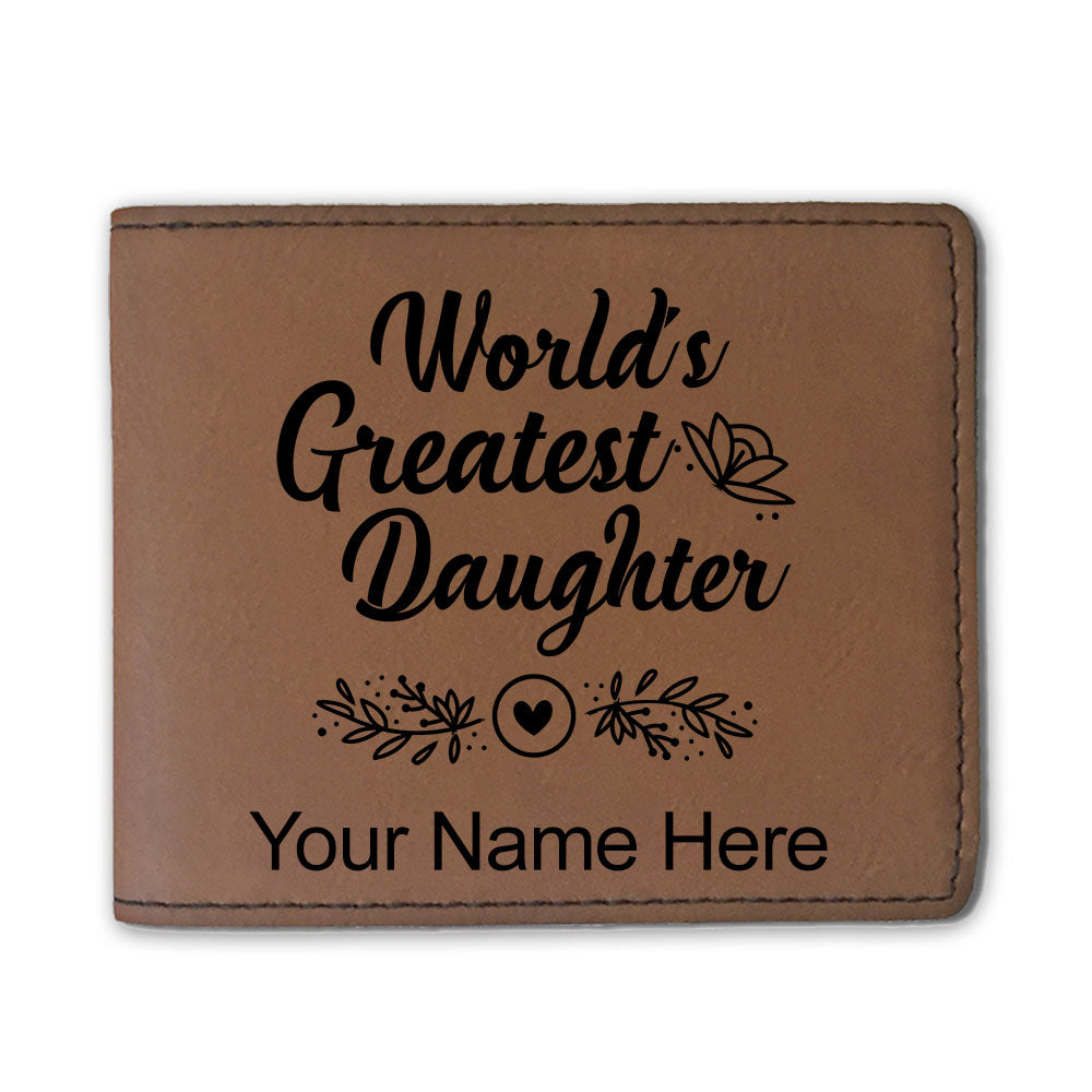 Faux Leather Bi-Fold Wallet, World's Greatest Daughter, Personalized Engraving Included