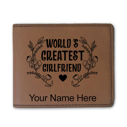Faux Leather Bi-Fold Wallet, World's Greatest Girlfriend, Personalized Engraving Included