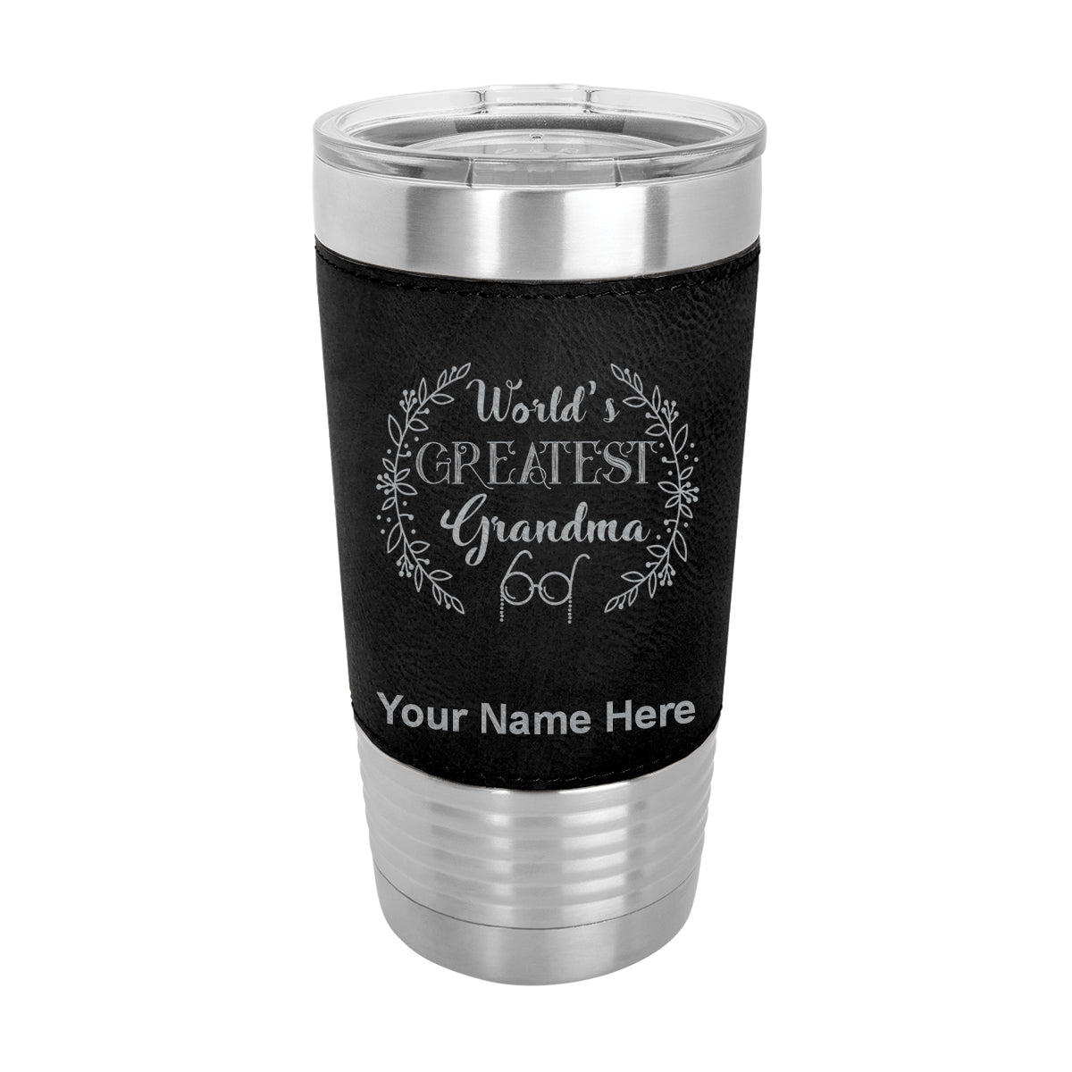 20oz Faux Leather Tumbler Mug, World's Greatest Grandma, Personalized Engraving Included