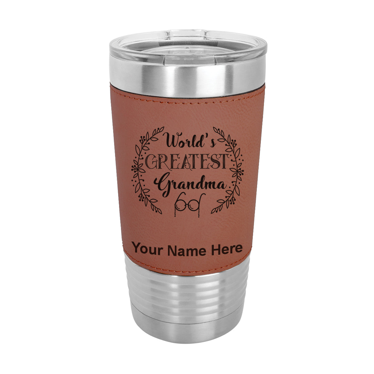 20oz Faux Leather Tumbler Mug, World's Greatest Grandma, Personalized Engraving Included