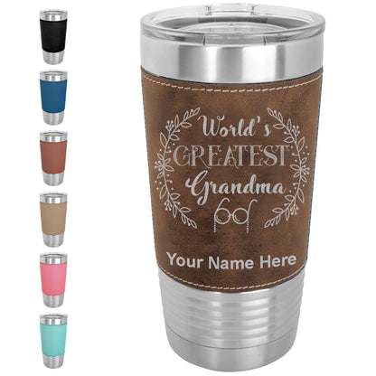 20oz Faux Leather Tumbler Mug, World's Greatest Grandma, Personalized Engraving Included