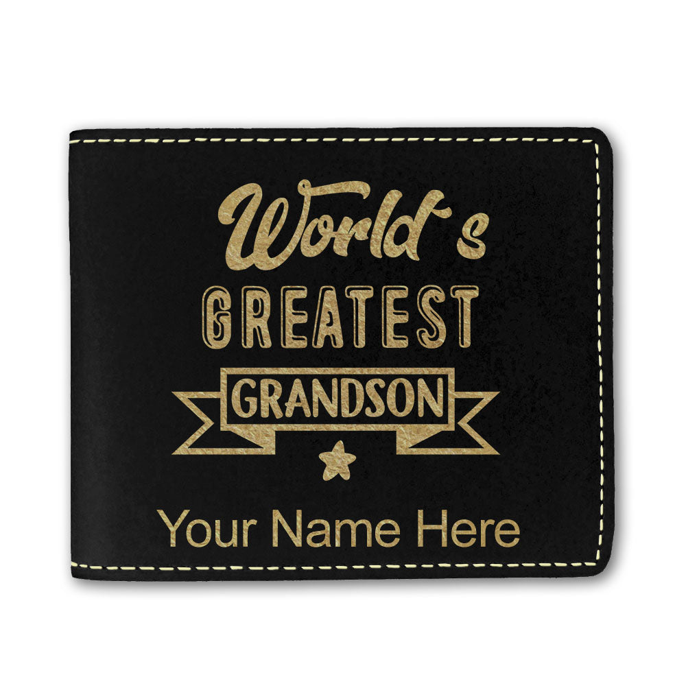 Faux Leather Bi-Fold Wallet, World's Greatest Grandson, Personalized Engraving Included