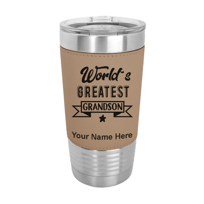 20oz Faux Leather Tumbler Mug, World's Greatest Grandson, Personalized Engraving Included