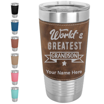 20oz Faux Leather Tumbler Mug, World's Greatest Grandson, Personalized Engraving Included