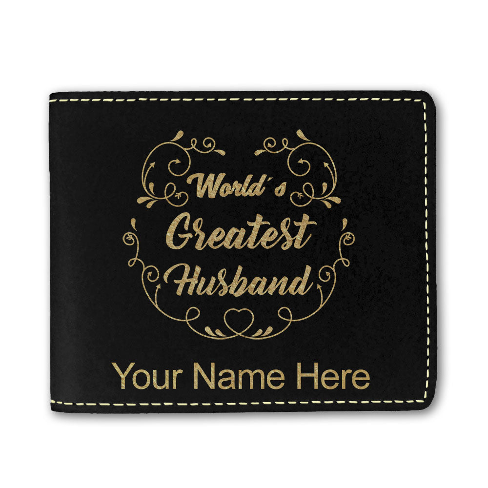 Faux Leather Bi-Fold Wallet, World's Greatest Husband, Personalized Engraving Included