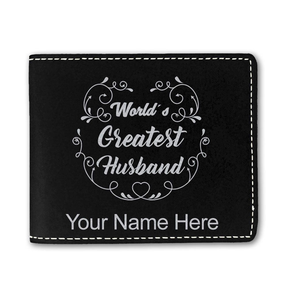 Faux Leather Bi-Fold Wallet, World's Greatest Husband, Personalized Engraving Included