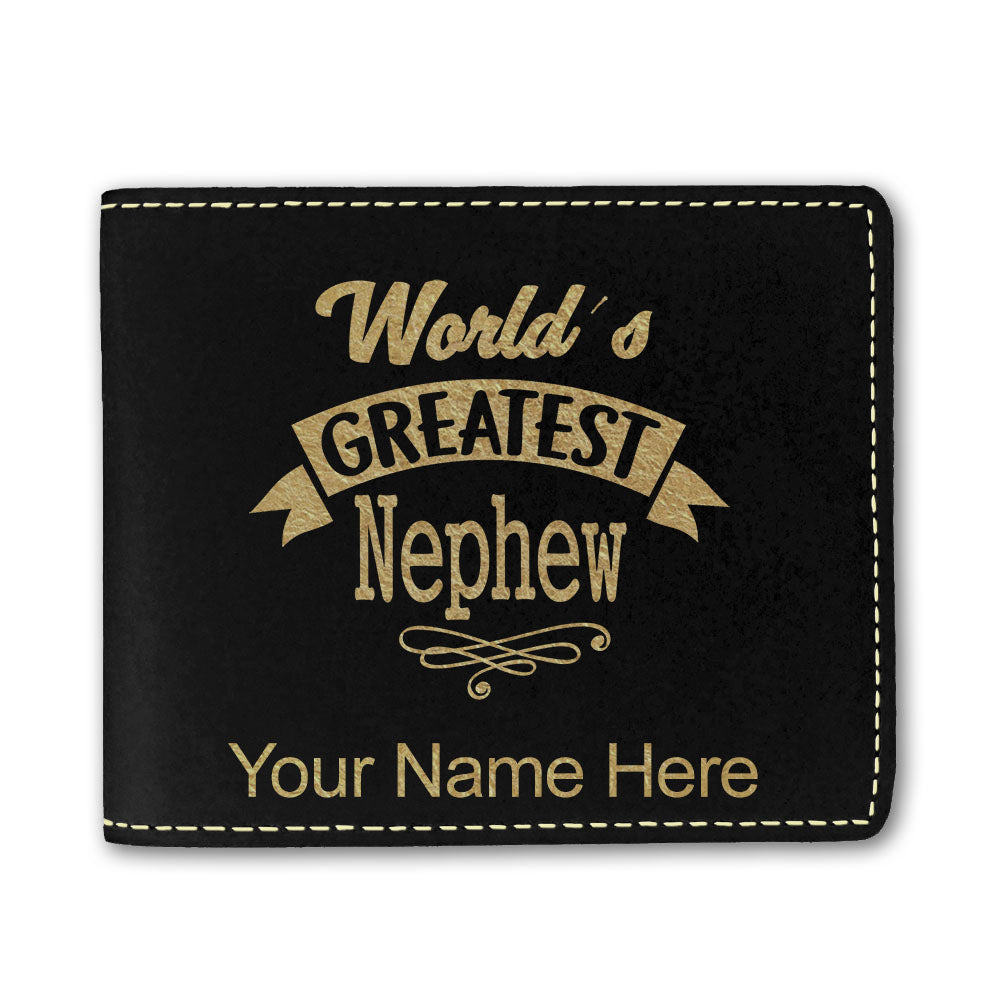 Faux Leather Bi-Fold Wallet, World's Greatest Nephew, Personalized Engraving Included