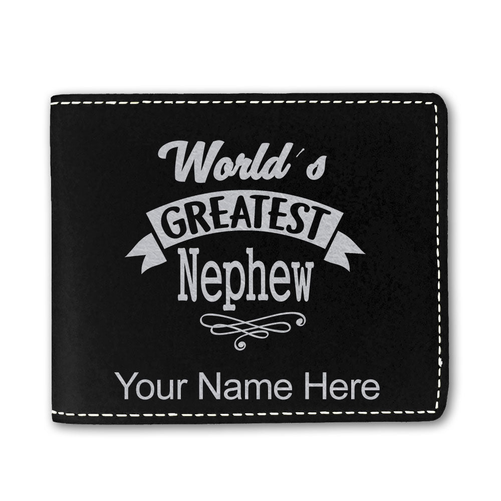 Faux Leather Bi-Fold Wallet, World's Greatest Nephew, Personalized Engraving Included