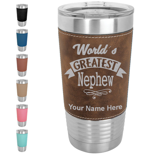 20oz Faux Leather Tumbler Mug, World's Greatest Nephew, Personalized Engraving Included
