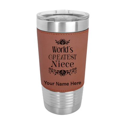 20oz Faux Leather Tumbler Mug, World's Greatest Niece, Personalized Engraving Included