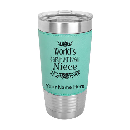 20oz Faux Leather Tumbler Mug, World's Greatest Niece, Personalized Engraving Included