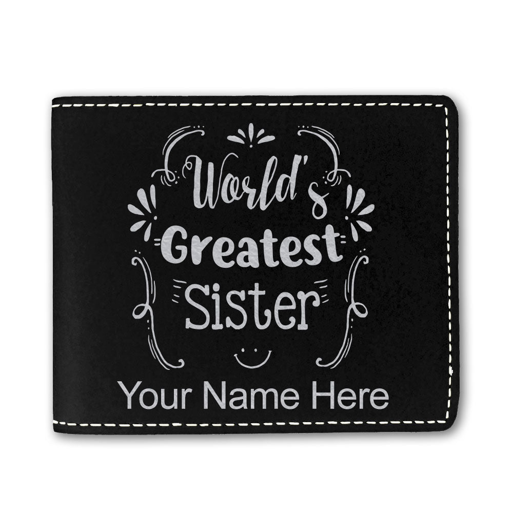 Faux Leather Bi-Fold Wallet, World's Greatest Sister, Personalized Engraving Included