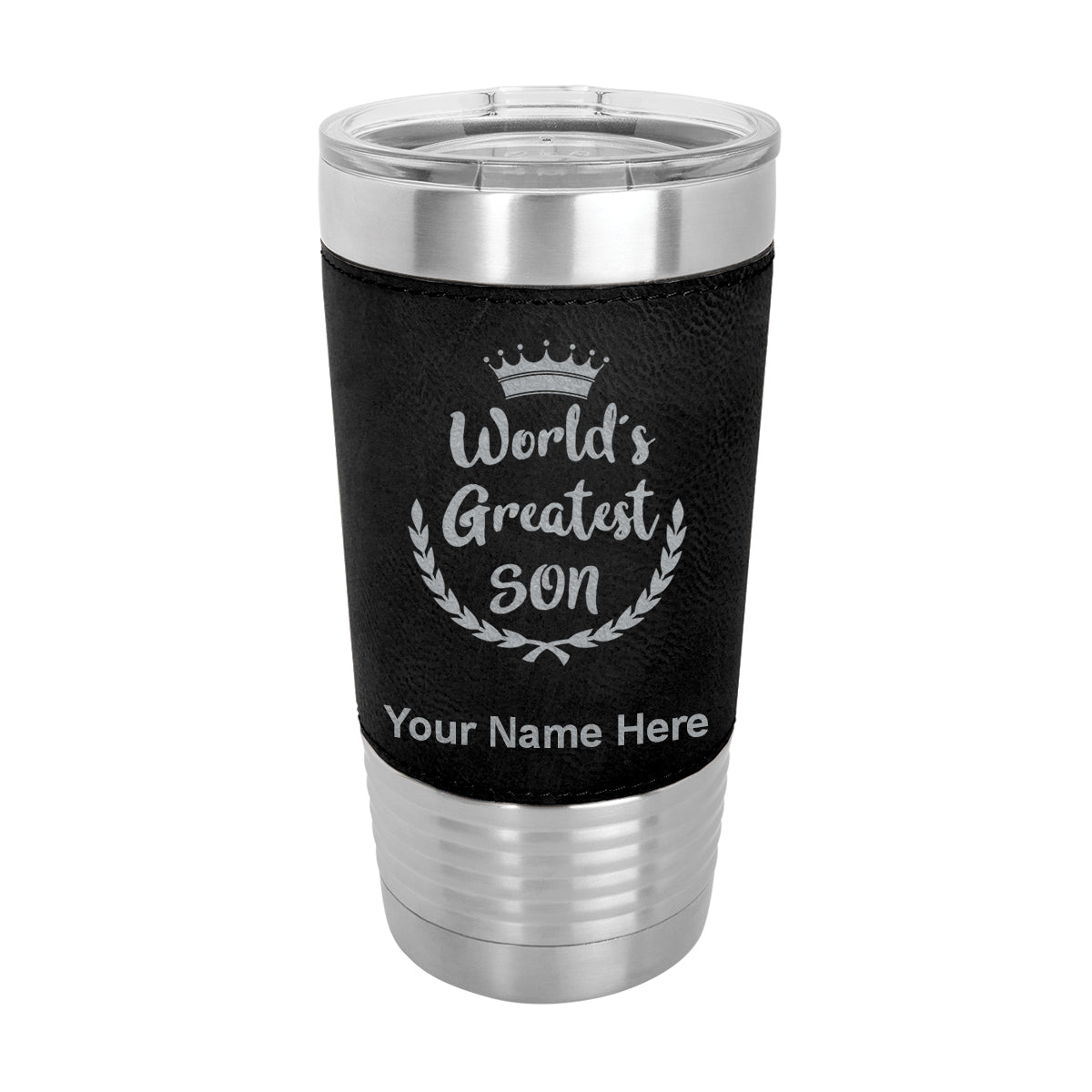 20oz Faux Leather Tumbler Mug, World's Greatest Son, Personalized Engraving Included