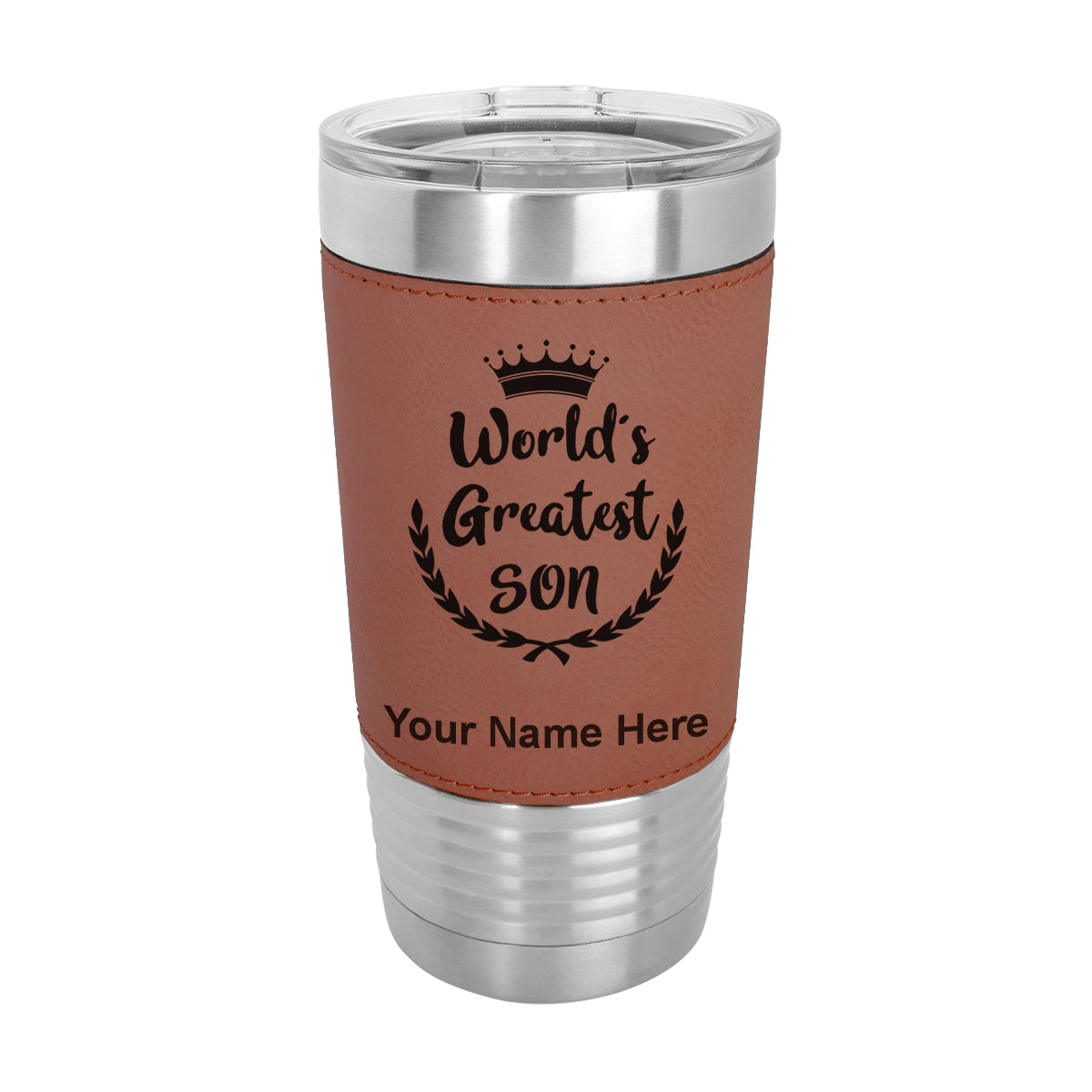 20oz Faux Leather Tumbler Mug, World's Greatest Son, Personalized Engraving Included