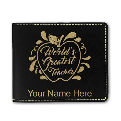 Faux Leather Bi-Fold Wallet, World's Greatest Teacher, Personalized Engraving Included