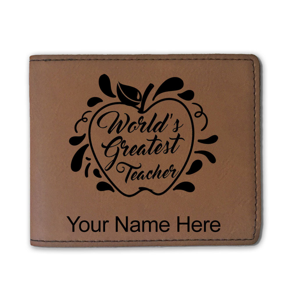 Faux Leather Bi-Fold Wallet, World's Greatest Teacher, Personalized Engraving Included