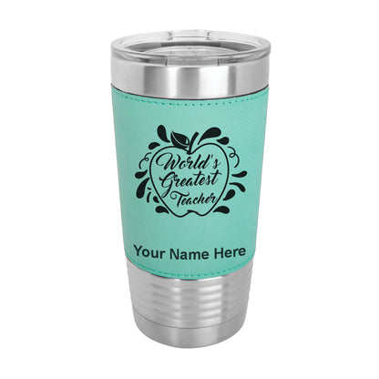 20oz Faux Leather Tumbler Mug, World's Greatest Teacher, Personalized Engraving Included