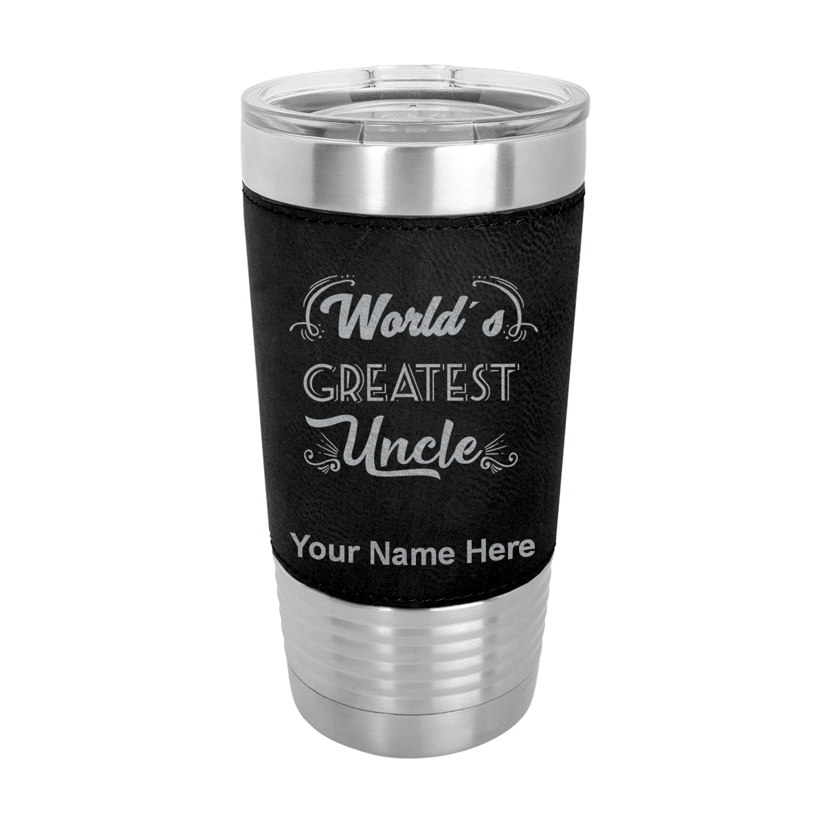 20oz Faux Leather Tumbler Mug, World's Greatest Uncle, Personalized Engraving Included