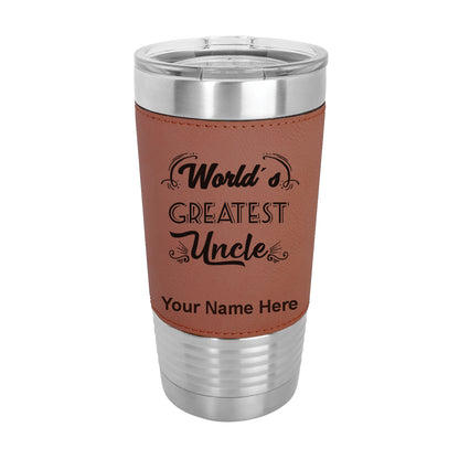 20oz Faux Leather Tumbler Mug, World's Greatest Uncle, Personalized Engraving Included