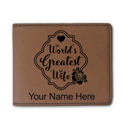 Faux Leather Bi-Fold Wallet, World's Greatest Wife, Personalized Engraving Included