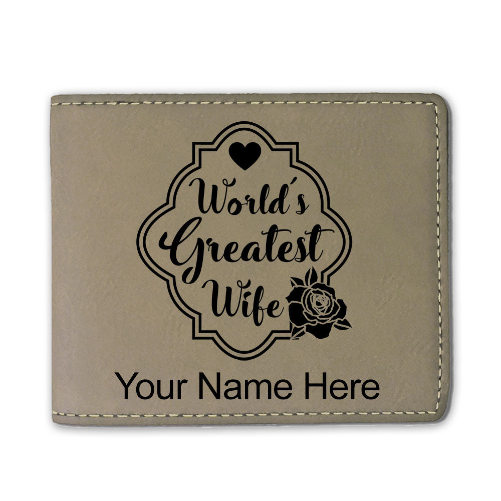Faux Leather Bi-Fold Wallet, World's Greatest Wife, Personalized Engraving Included