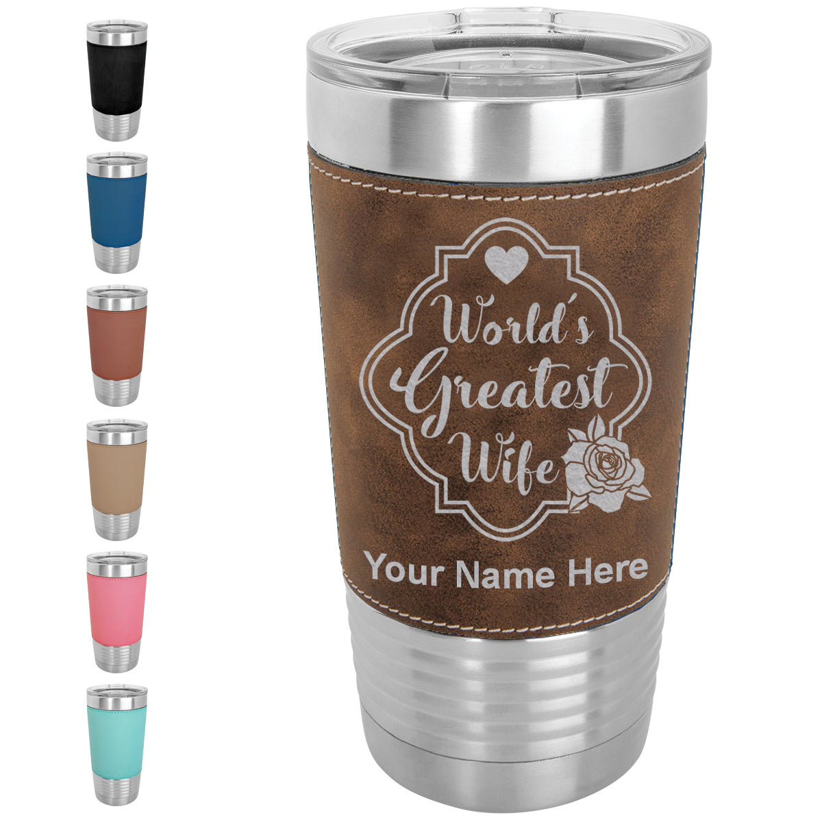 20oz Faux Leather Tumbler Mug, World's Greatest Wife, Personalized Engraving Included