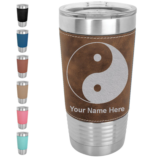 20oz Faux Leather Tumbler Mug, Yin Yang, Personalized Engraving Included