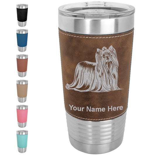 20oz Faux Leather Tumbler Mug, Yorkshire Terrier Dog, Personalized Engraving Included