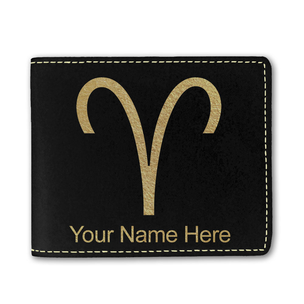 Faux Leather Bi-Fold Wallet, Zodiac Sign Aries, Personalized Engraving Included