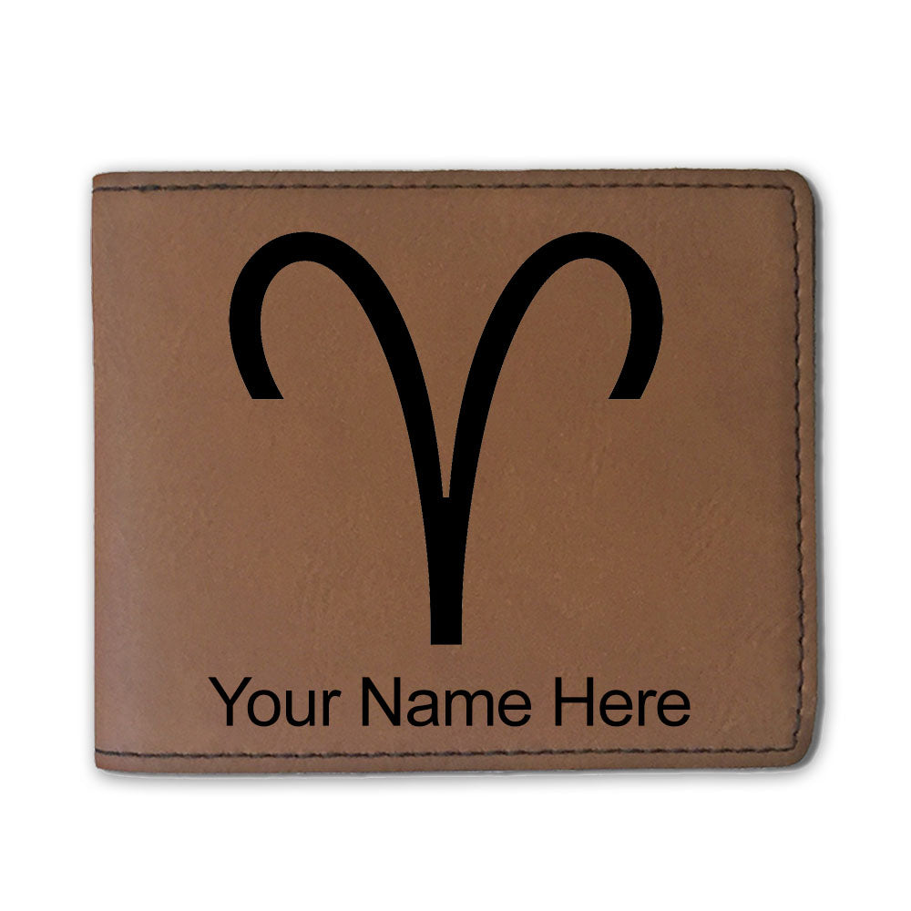 Faux Leather Bi-Fold Wallet, Zodiac Sign Aries, Personalized Engraving Included