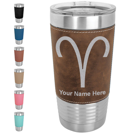 20oz Faux Leather Tumbler Mug, Zodiac Sign Aries, Personalized Engraving Included