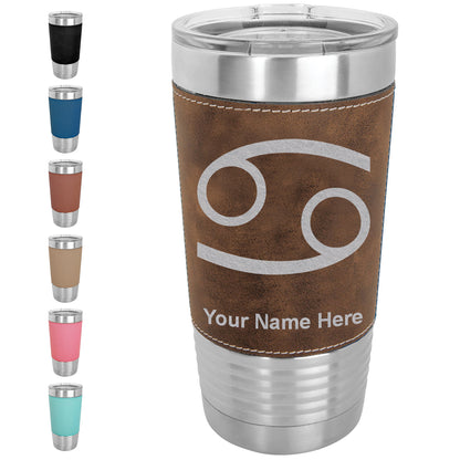 20oz Faux Leather Tumbler Mug, Zodiac Sign Cancer, Personalized Engraving Included